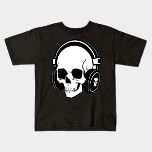 Skull With Headphones, Black and White | Listening Music Kids T-Shirt